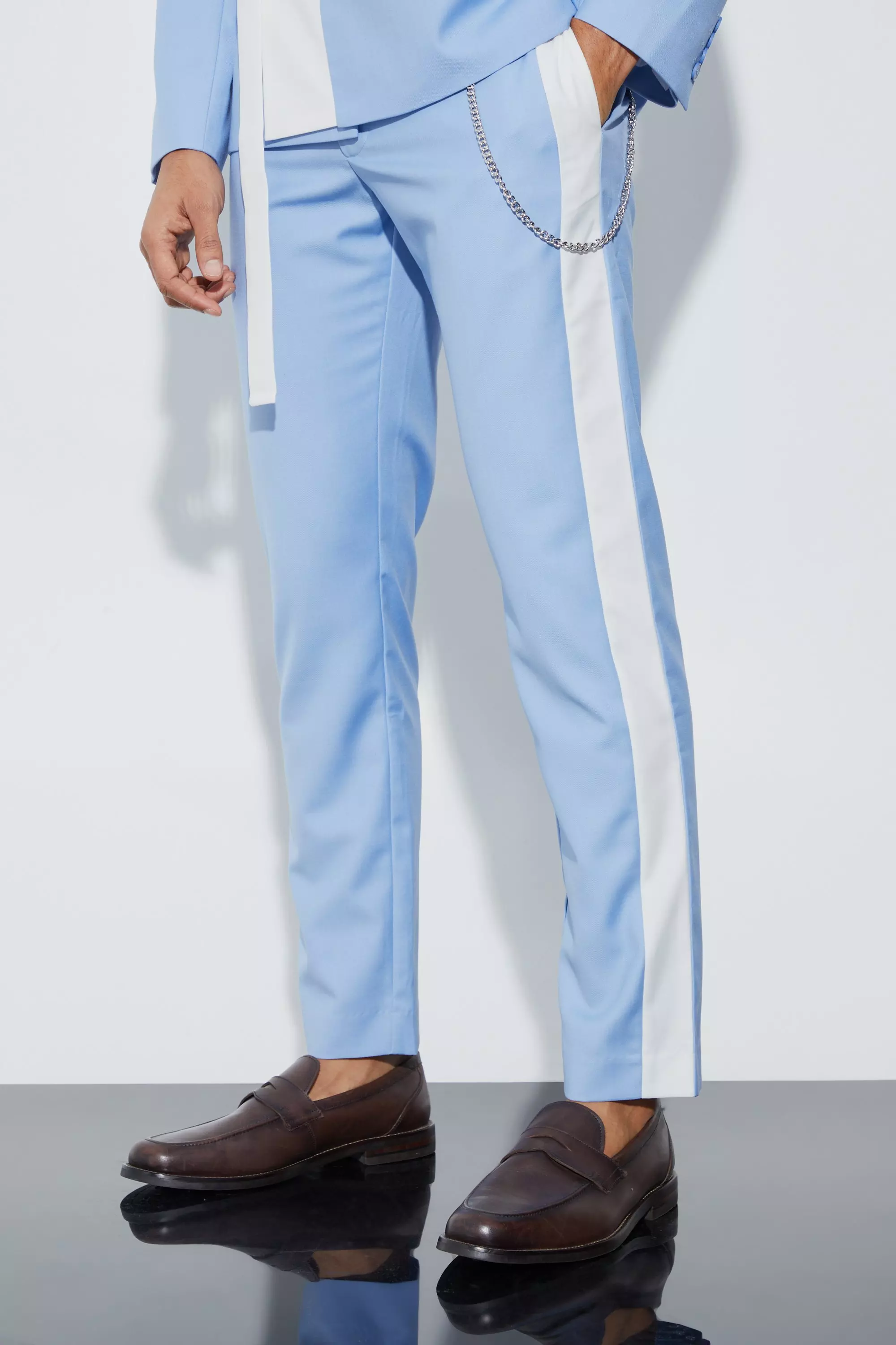 Slim Fit Colour Block Pants With Chain Light blue