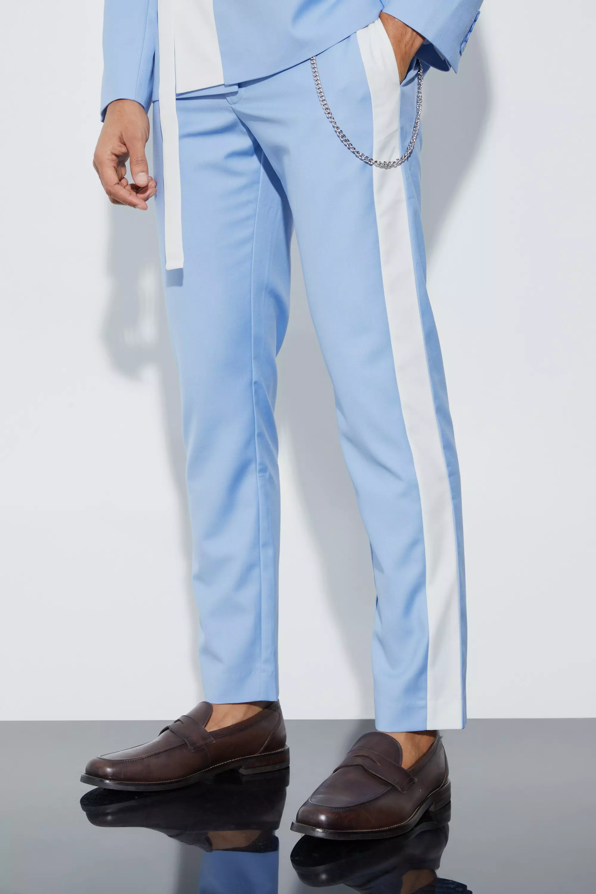 Blue Slim Fit Colour Block Pants With Chain