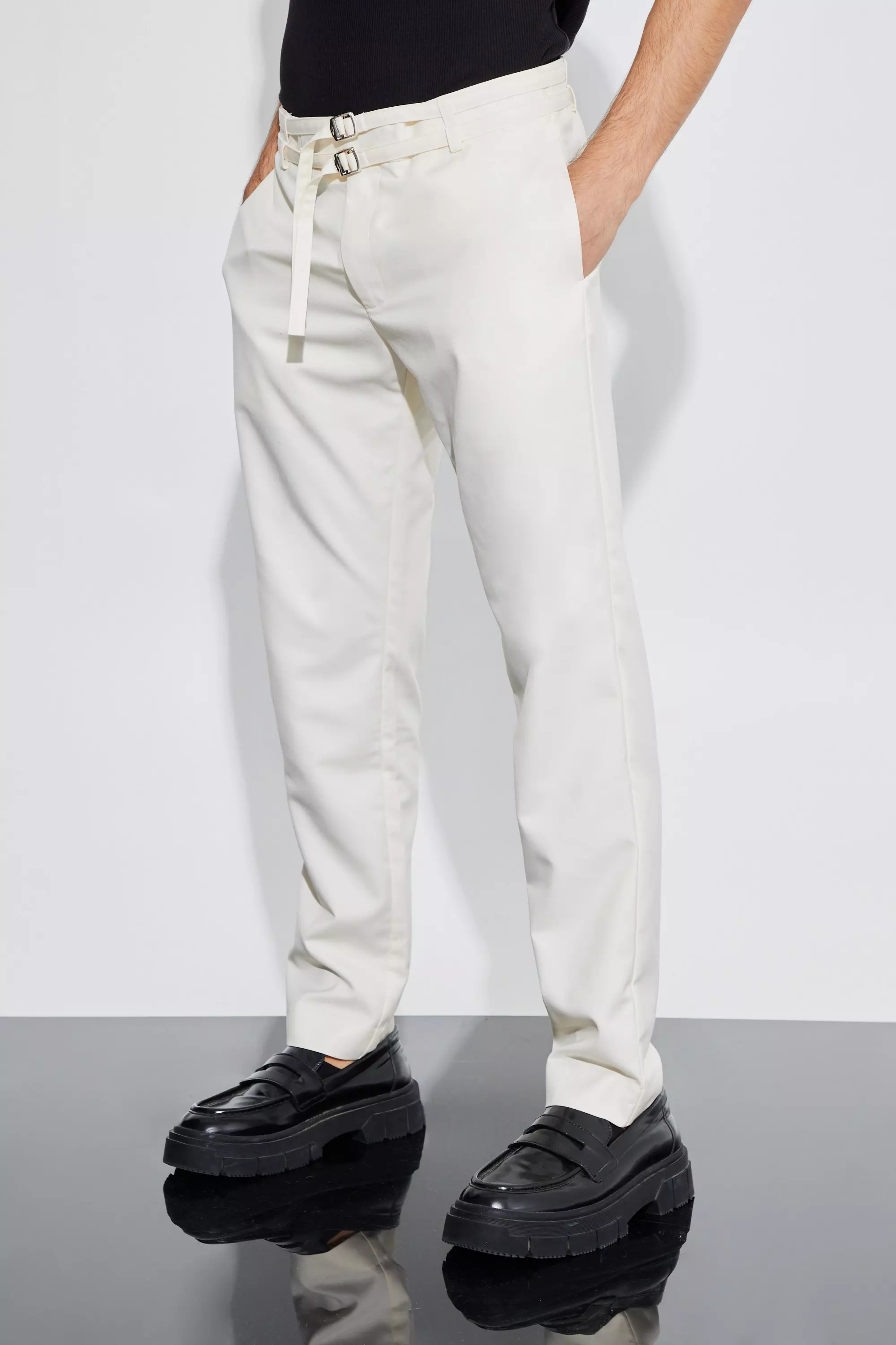 Stone Beige Relaxed Fit Pants With Double Belt Detail