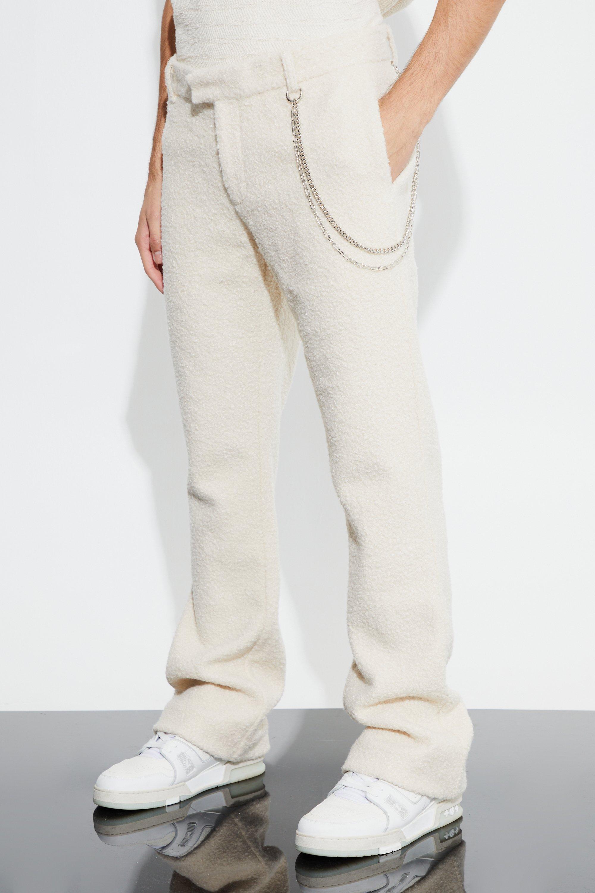 Ecru Bouclé Slim Fit Pantalons Met Ketting Detail En Wijde Pijpen