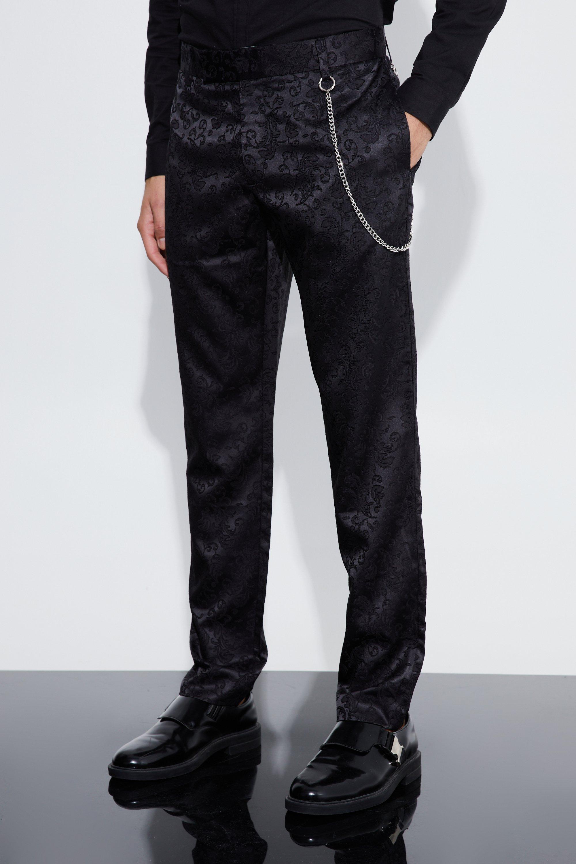 Black Slim Fit Satin Baroque Pants With Chain