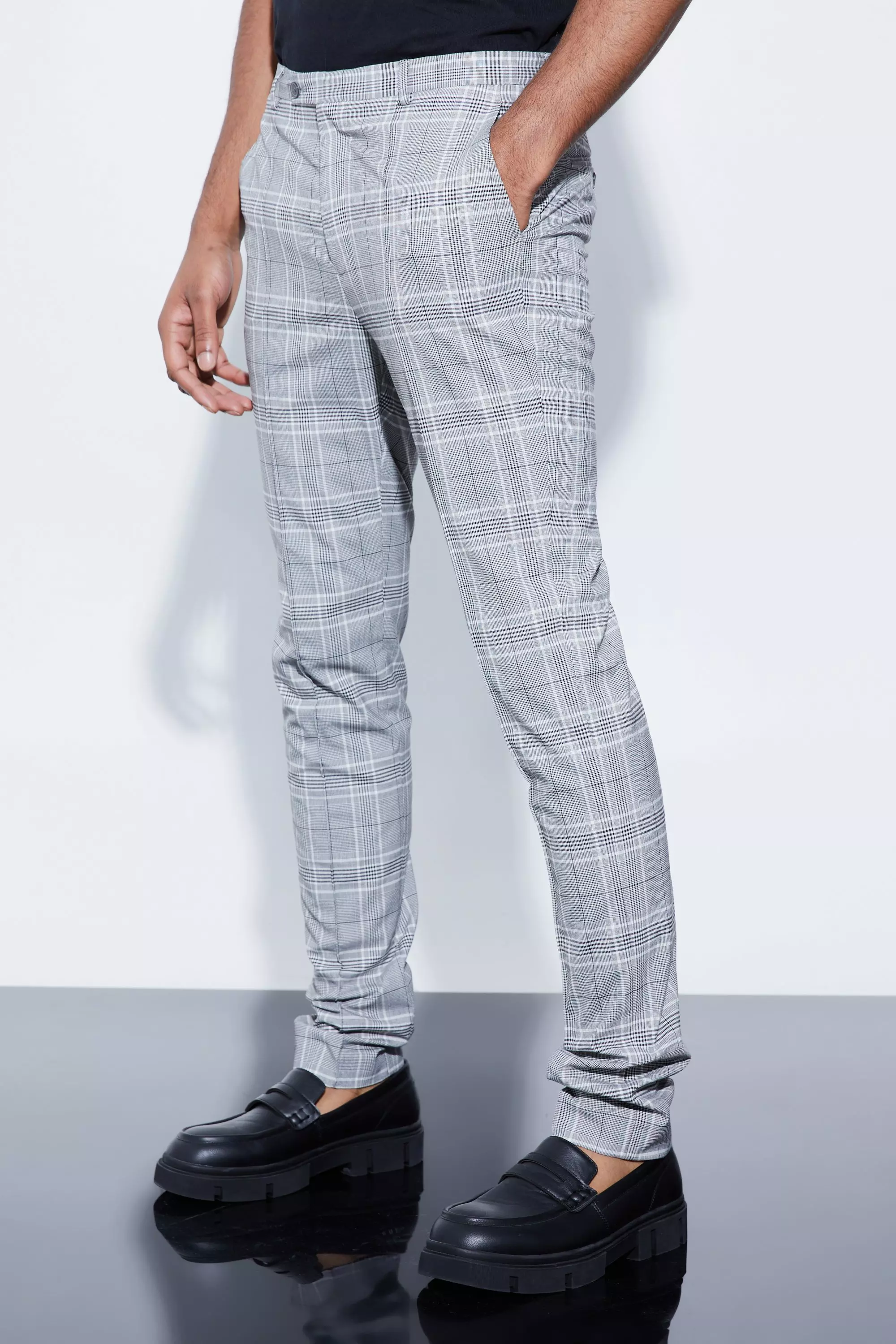 Tall Skinny Fit Black Plaid Pants With Pintuck Grey
