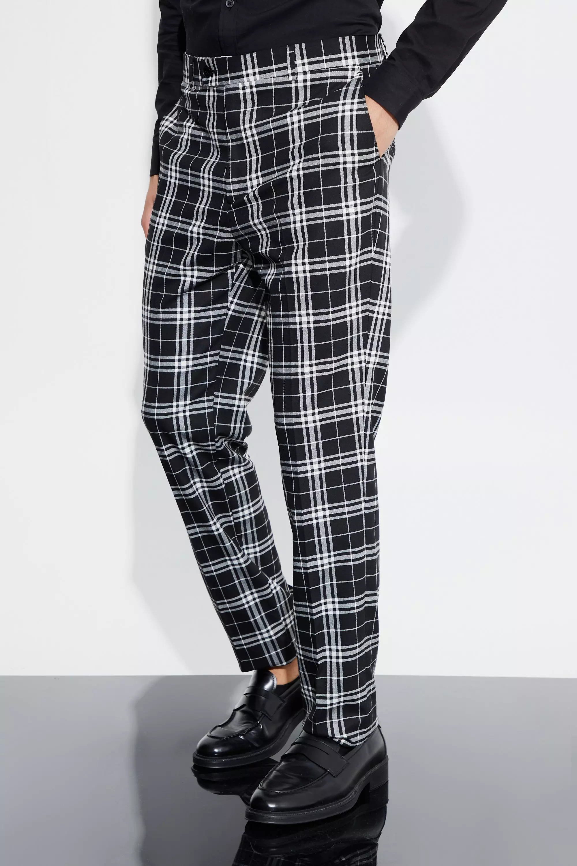 Tall Skinny Fit Mono Tartan Cropped Pants Black