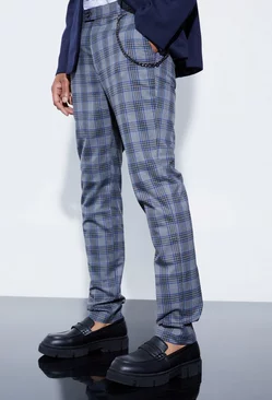 Tall Skinny Fit Large Plaid Pants With Chain Grey