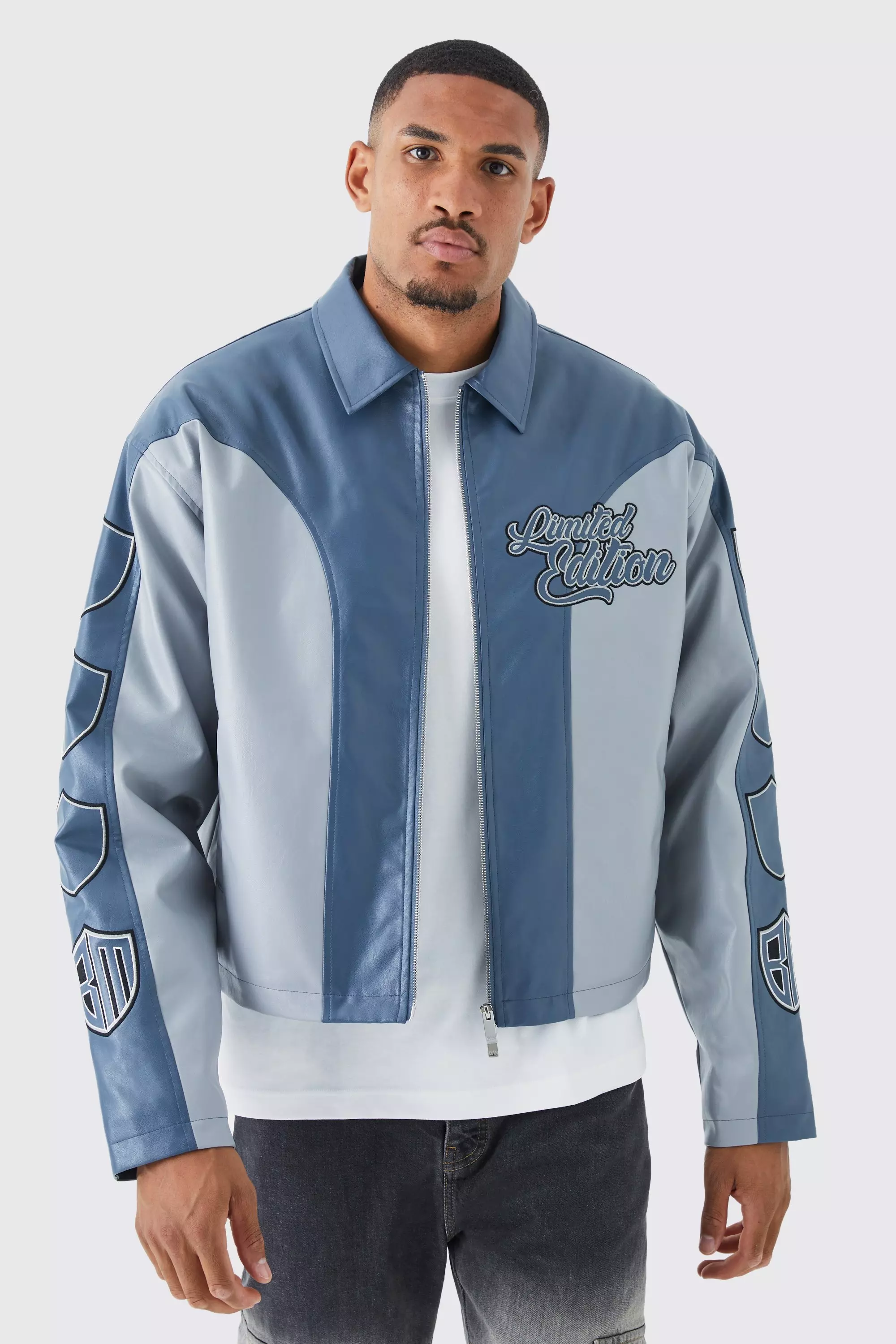 Tall Boxy Pu Panelled Bomber With Badges Slate