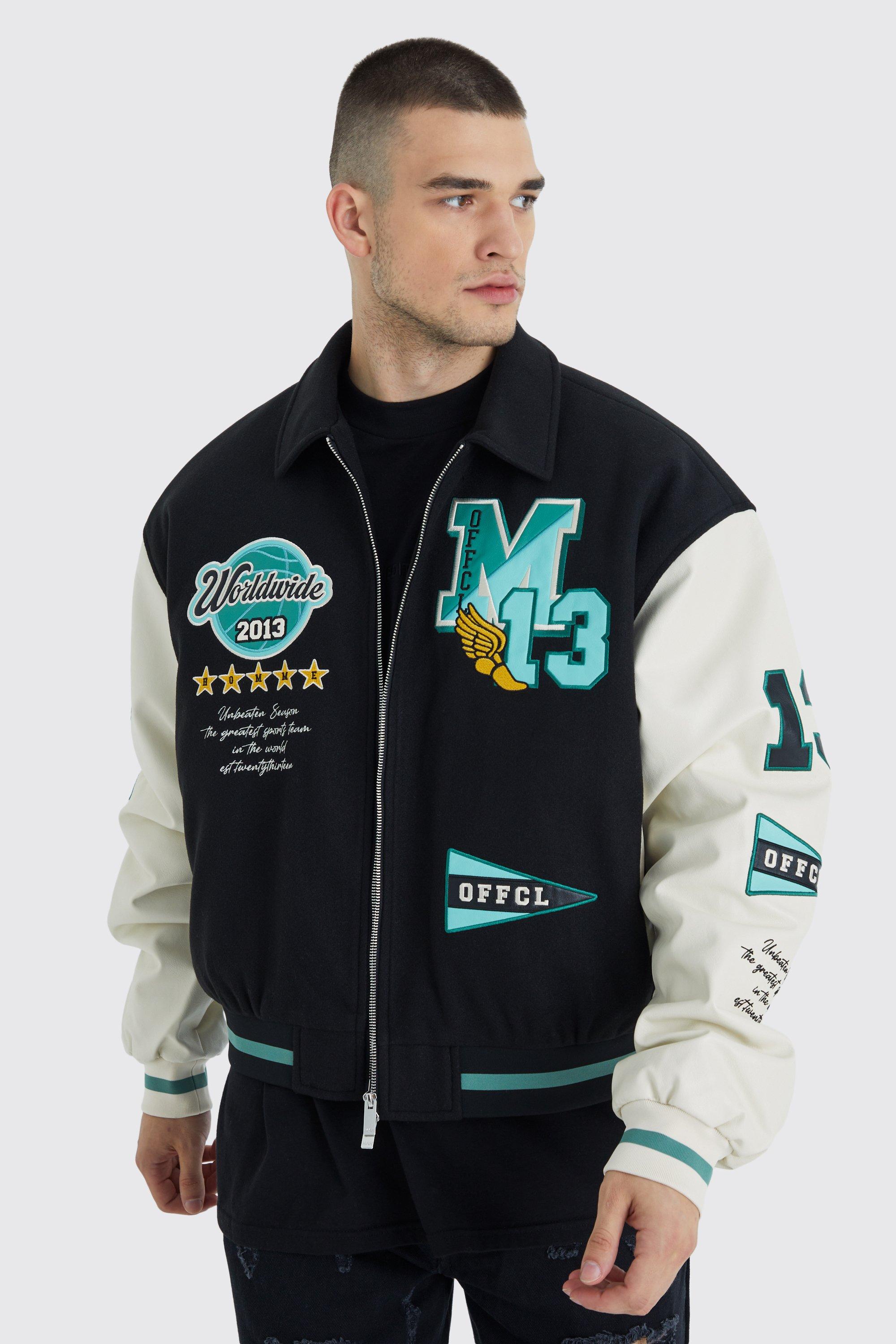 Tall Boxy Pu Melton Multi Badge Varsity Jacket