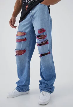 Blue Tall Baggy Rigid Contrast Ripped Jeans