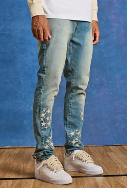 Tall Slim Rigid Pu Star Applique Gusset Jeans Antique wash
