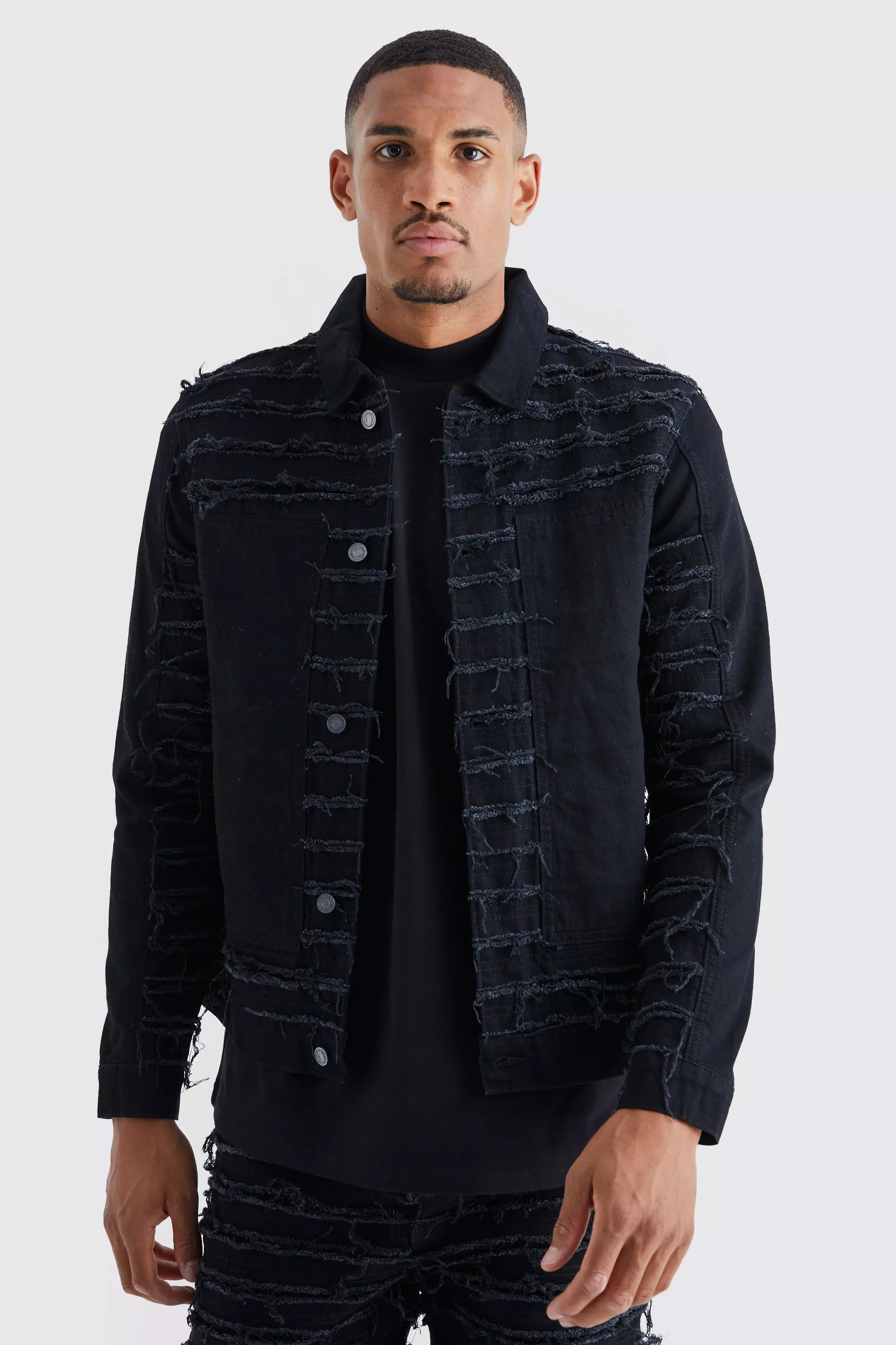 Black Tall All Over Distressed Jean Jackets