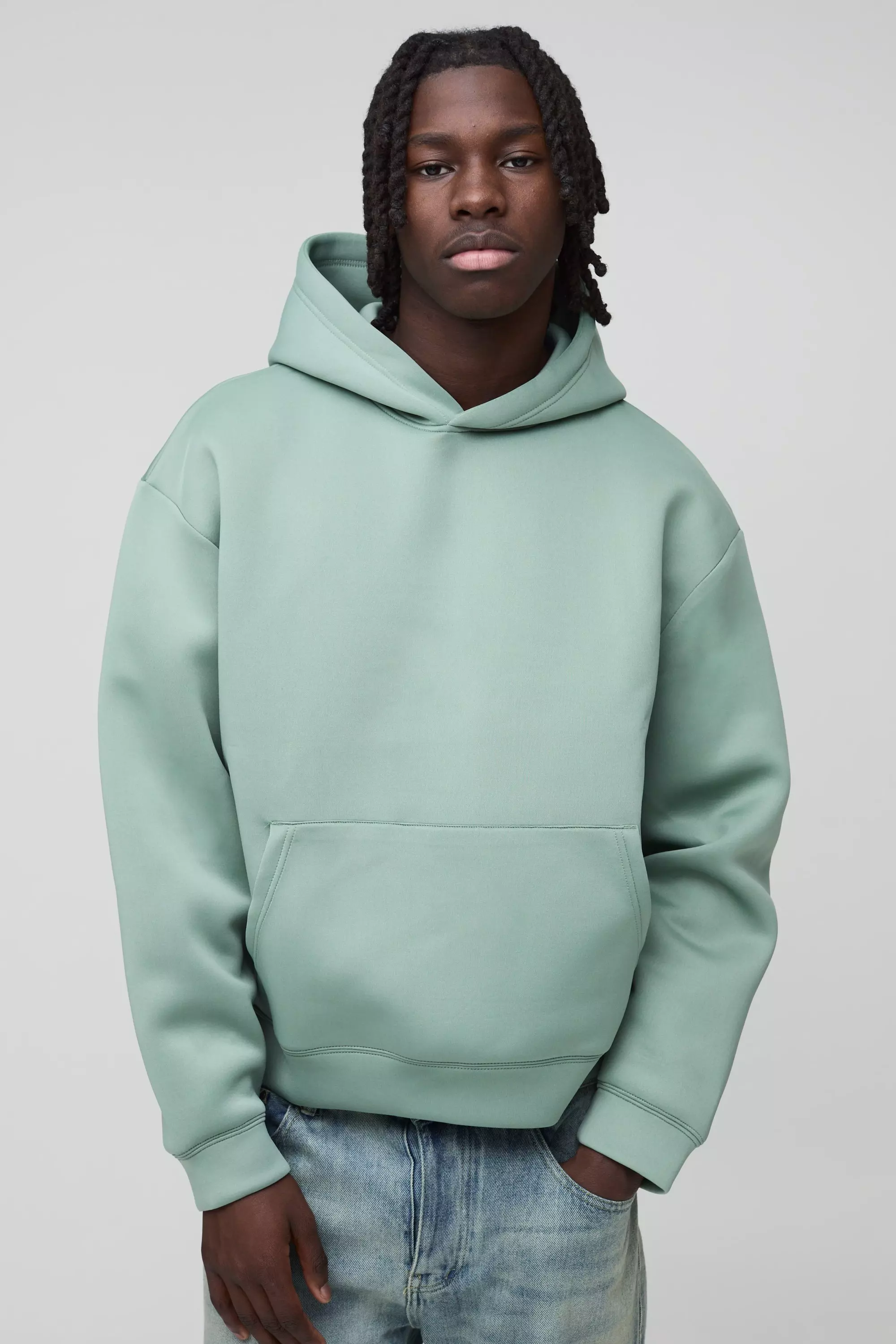 Sage Green Oversized Boxy Bonded Scuba Hoodie