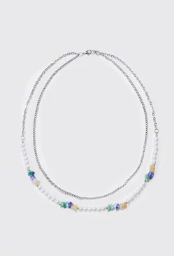 Multi Layer Beaded Necklace Silver