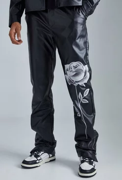 Pu Stacked Straight Leg Zip Gusset Embroidered Pants Black