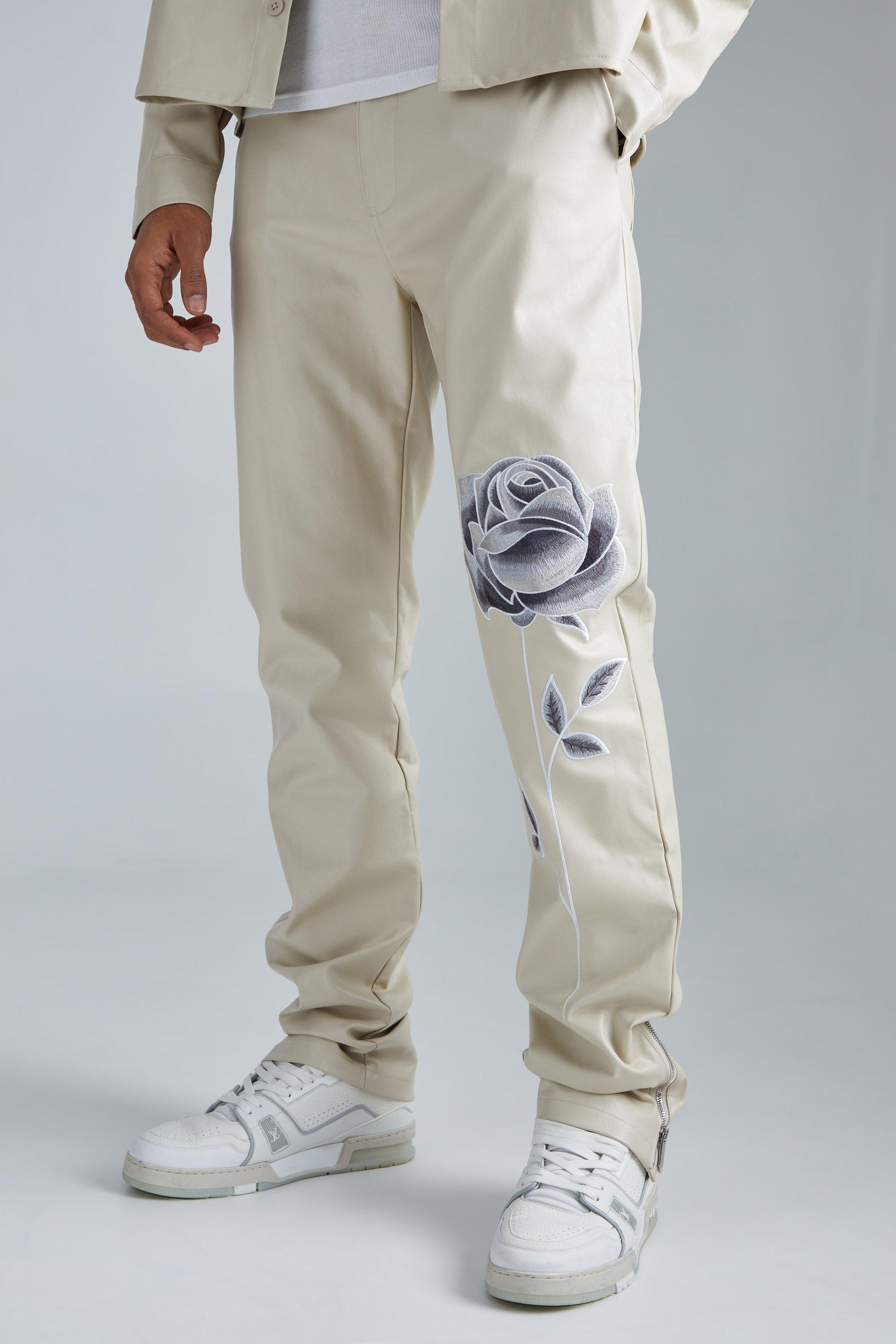 Pu Stacked Straight Leg Zip Gusset Embroidered Pants | boohooMAN USA