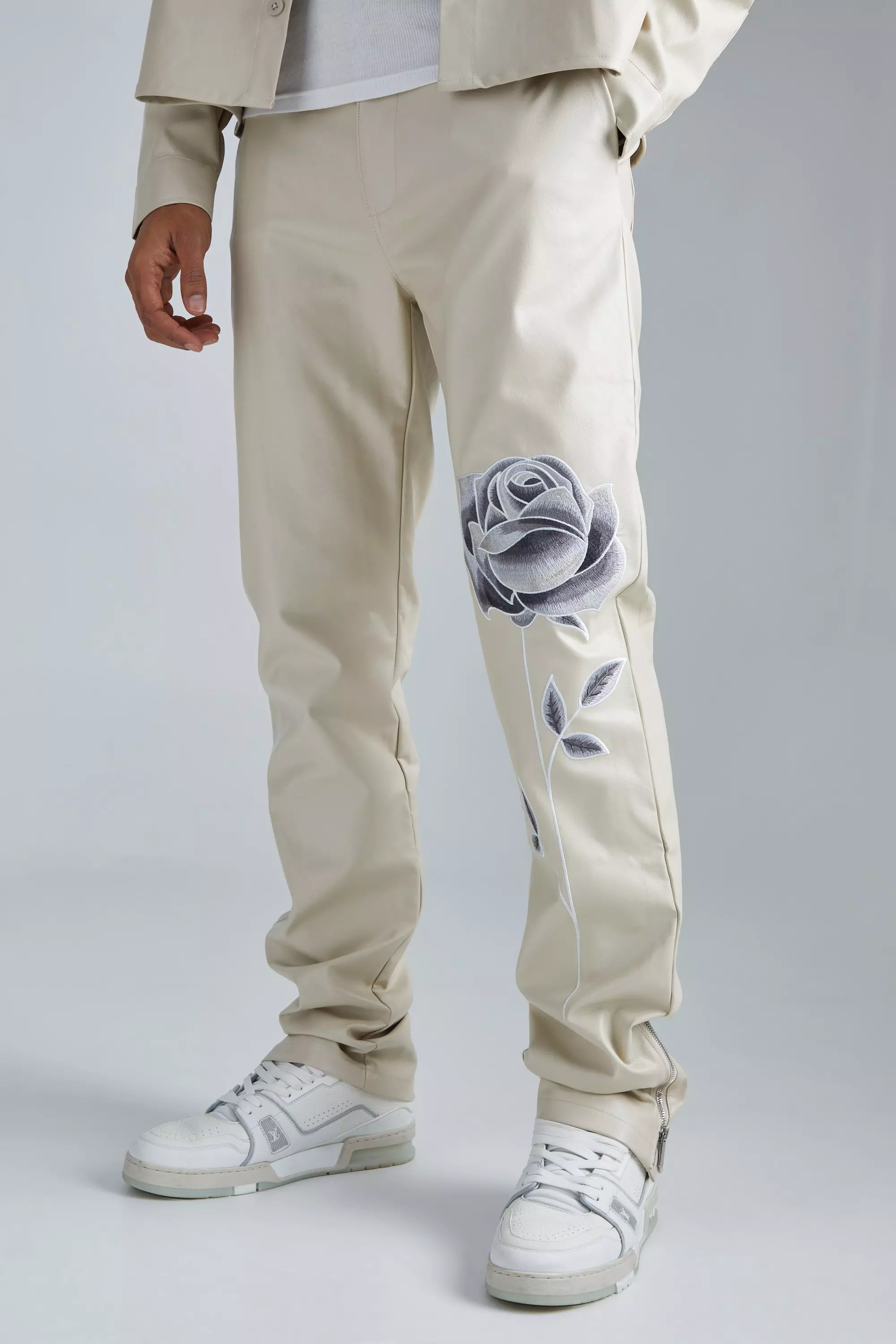 Stone Beige Pu Stacked Straight Leg Zip Gusset Embroidered Pants