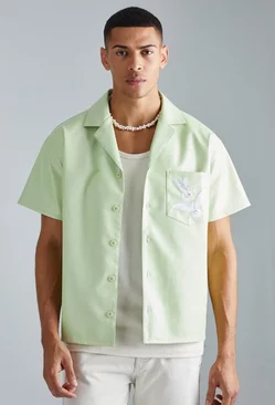 Pu Short Sleeve Boxy Embroidered Shirt Green