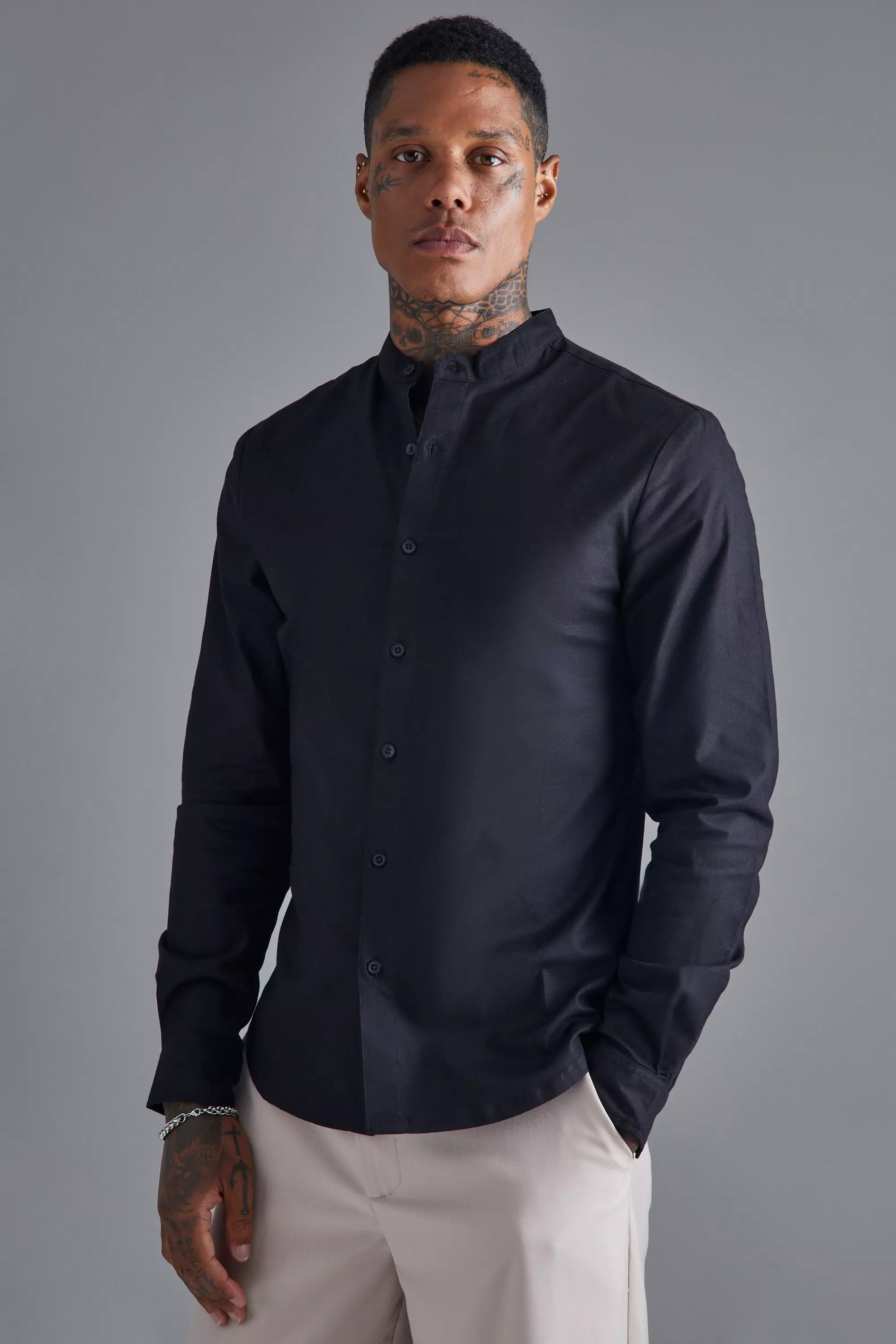 Long Sleeve Grandad Collar Slim Shirt Black