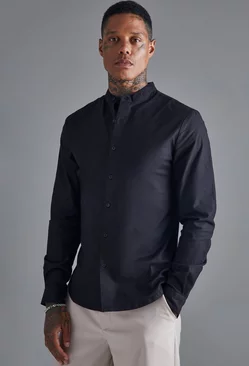 Black Long Sleeve Grandad Collar Slim Shirt