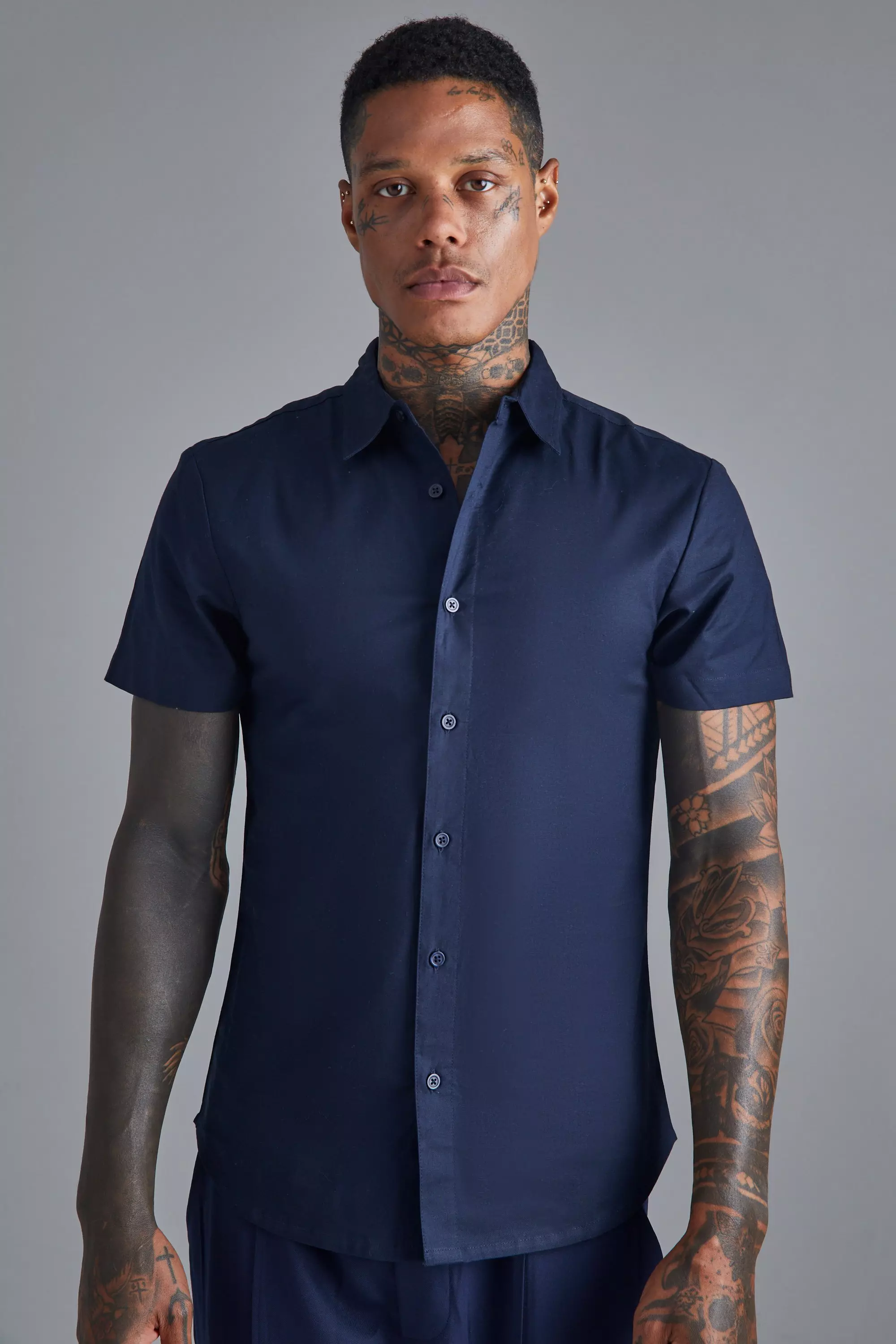 Navy Short Sleeve Slim Shirt