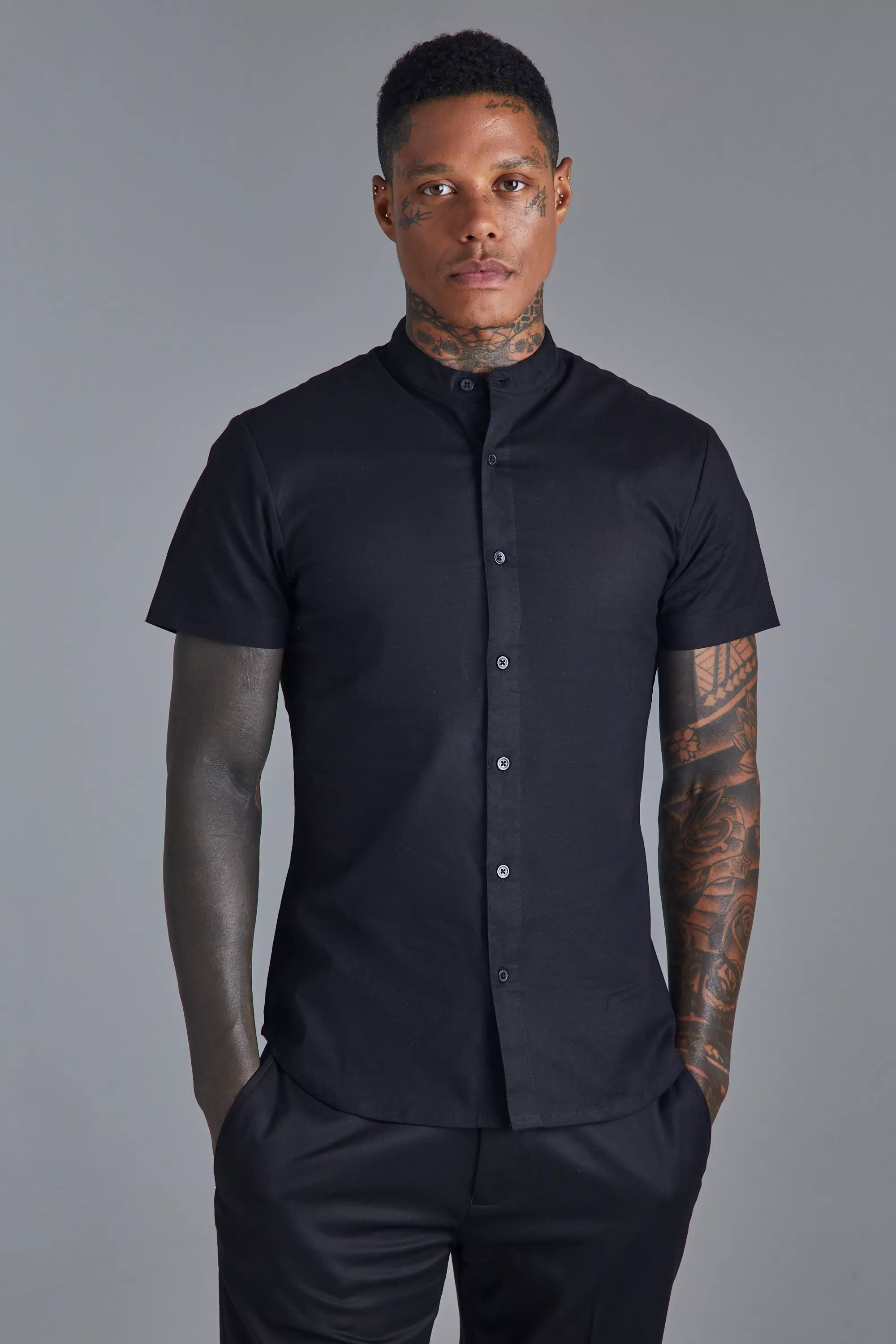 Short Sleeve Grandad Stretch Fit Shirt Black