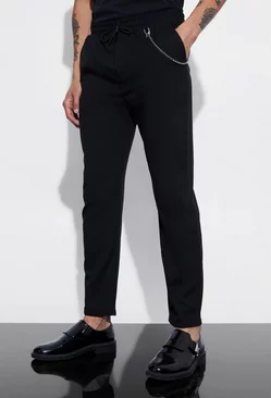 Black Elastic Waist Smart Pants With Chain Detail