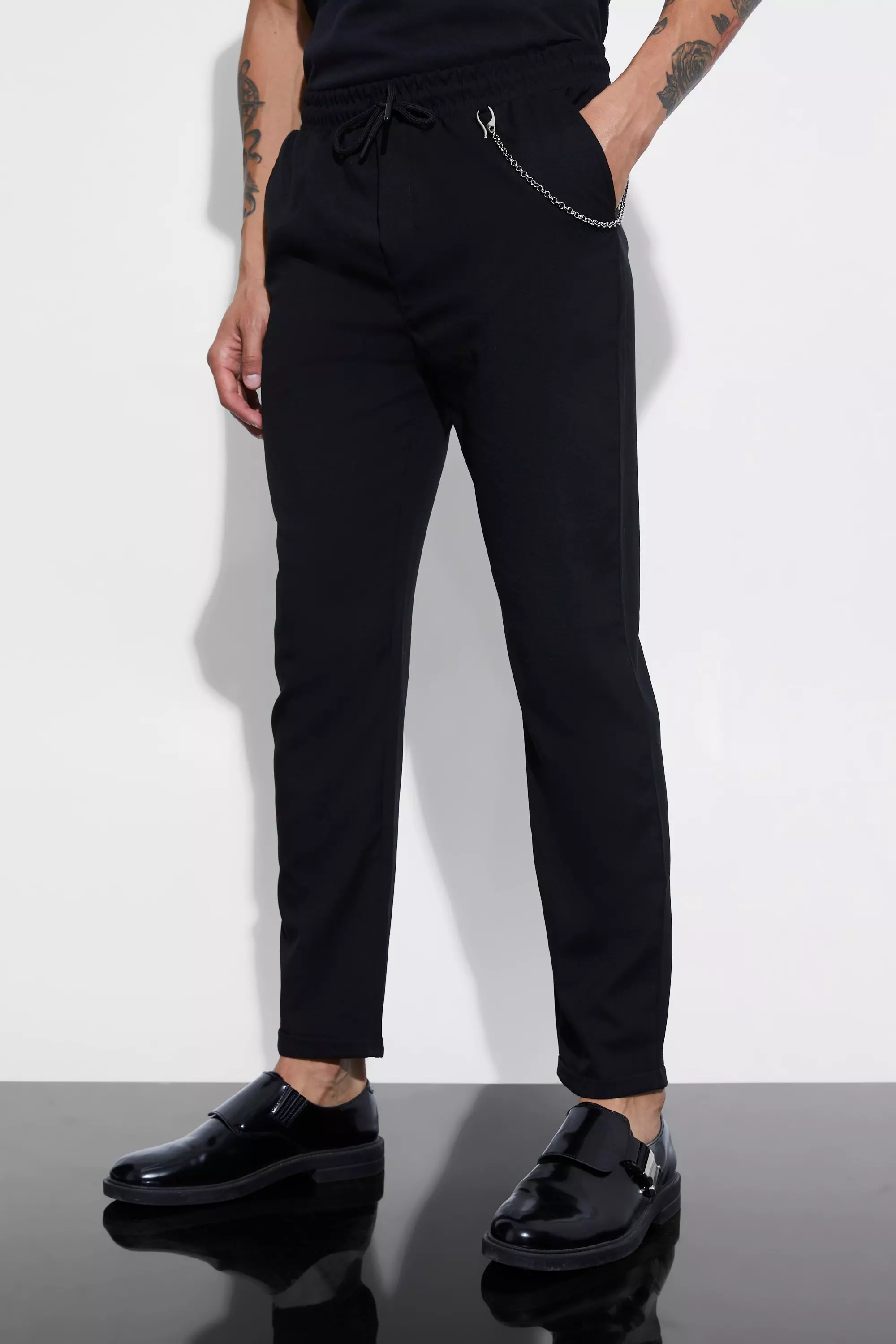 Elastic Waist Smart Pants With Chain Detail Black