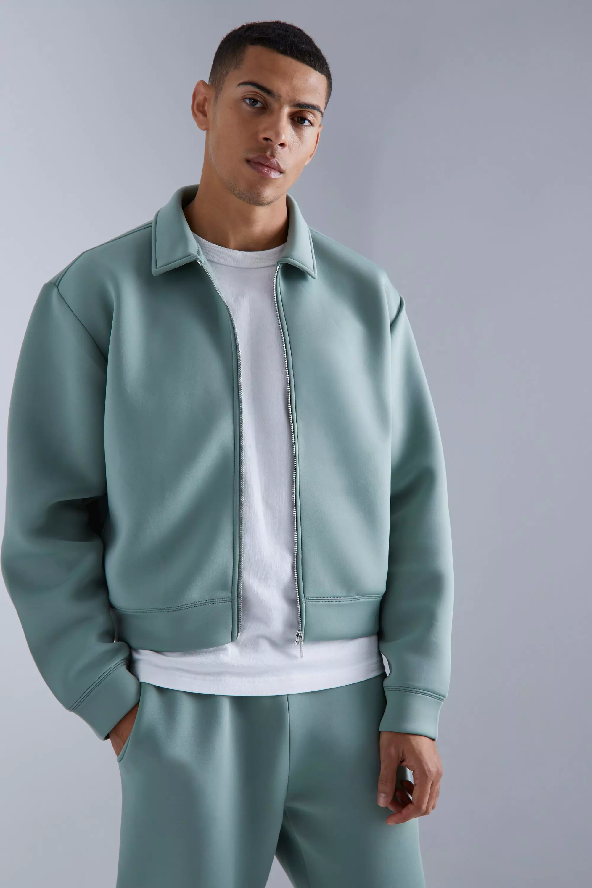 Oversized Boxy Bonded Scuba Harrington Set Sage