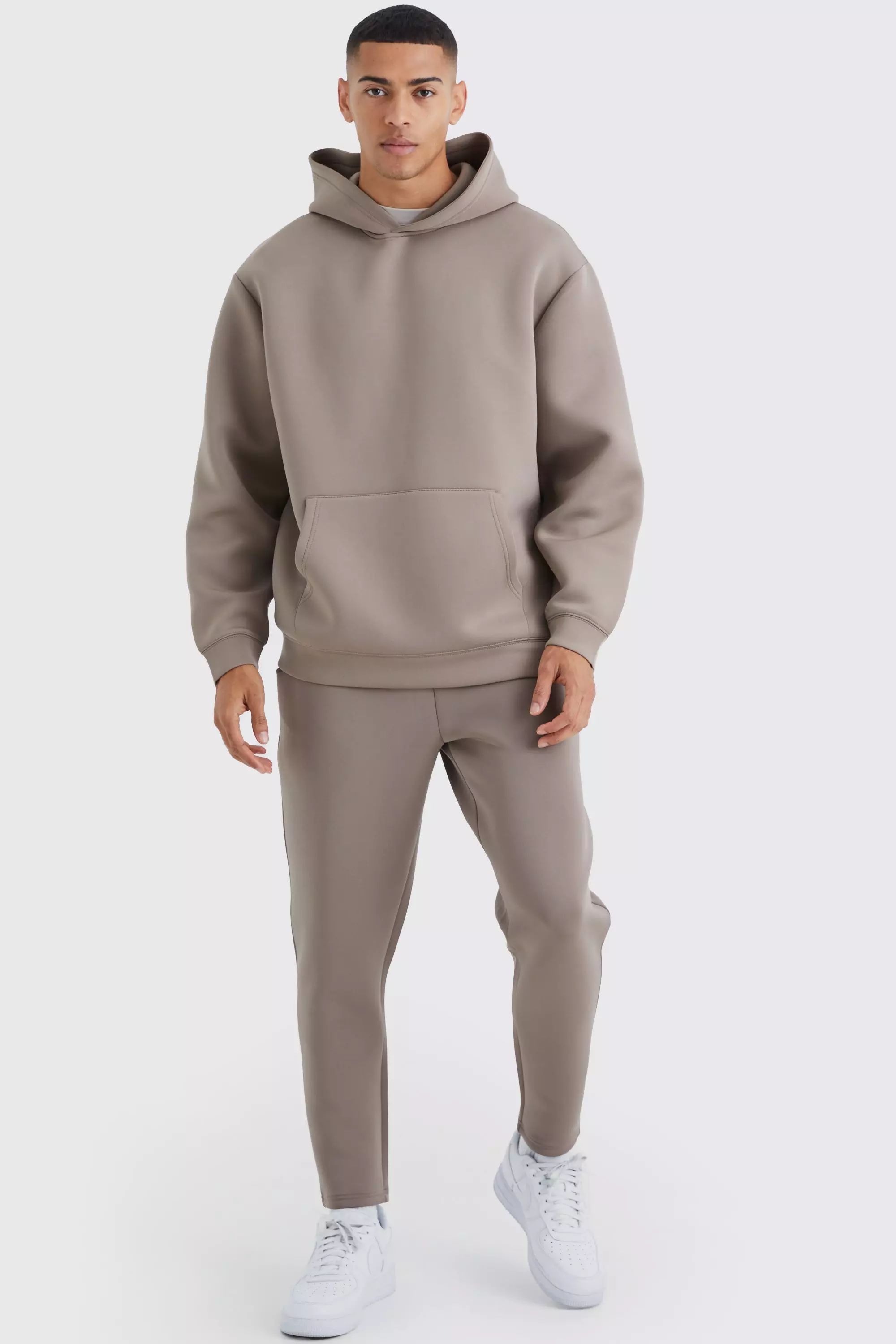 Taupe Beige Oversized Bonded Scuba Hooded Tracksuit