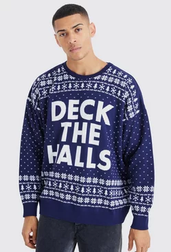 Oversized Deck The Halls Christmas Sweater Navy