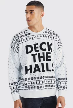White Oversized Deck The Halls Christmas Sweater