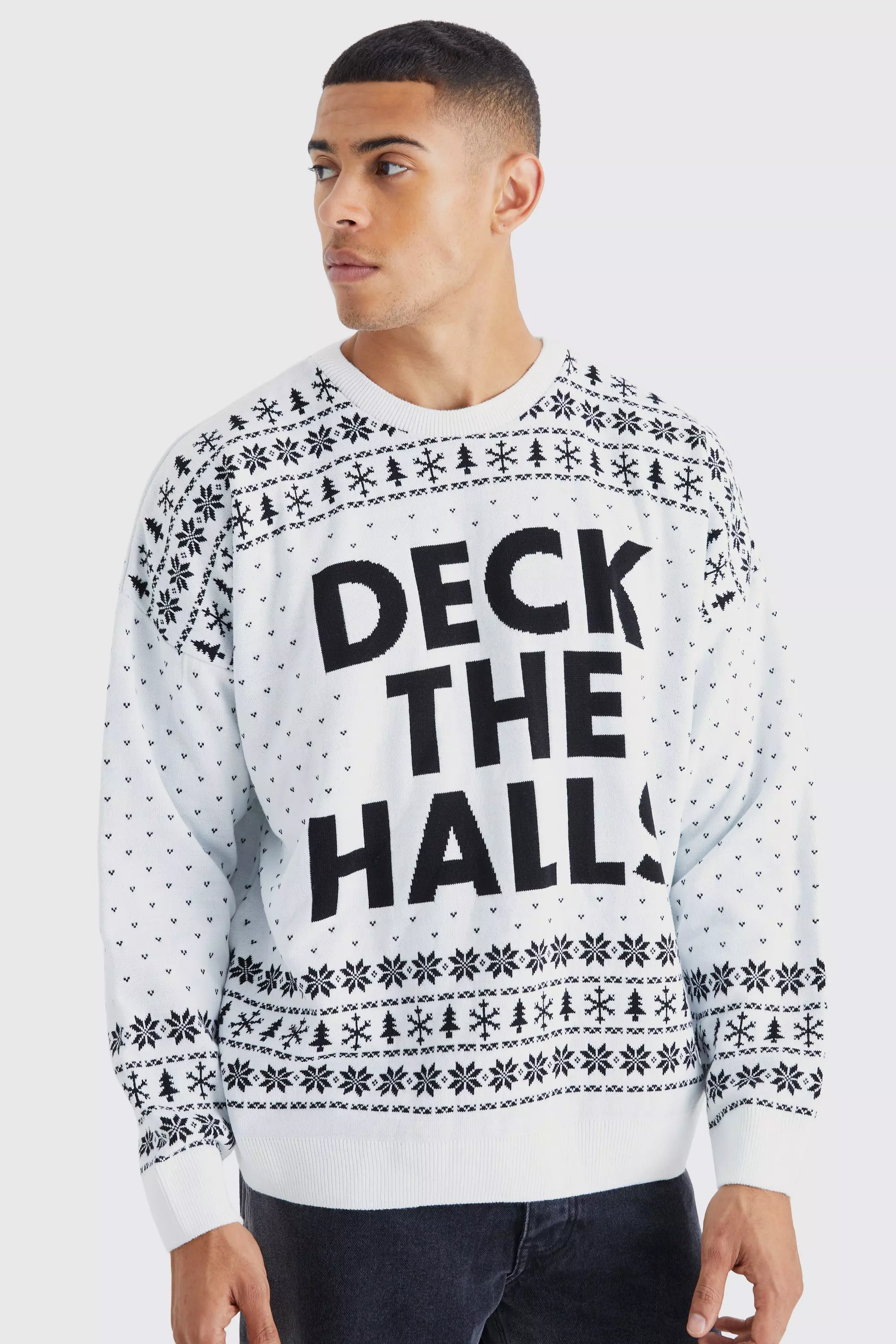 Oversized Deck The Halls Christmas Sweater White