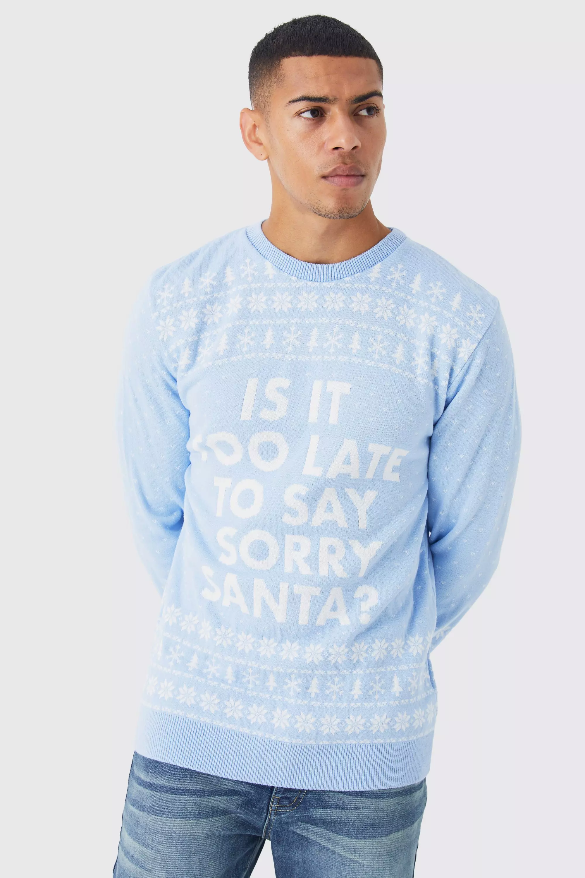Blue Sorry Santa Christmas Sweater