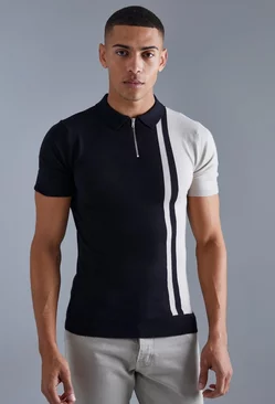 Short Sleeve Muscle Fit Colour Block Polo Black