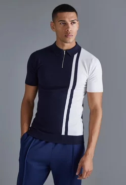 Short Sleeve Muscle Fit Colour Block Polo Navy