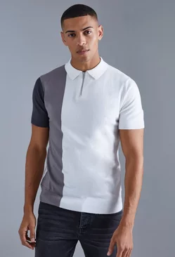 Grey Short Sleeve Half Zip Colour Block Knit Polo