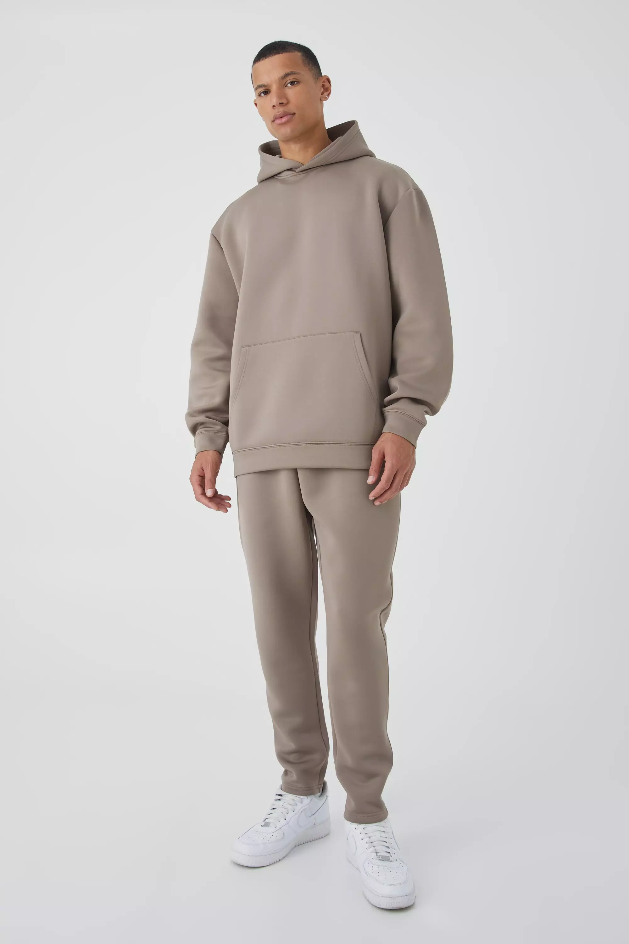 Taupe Beige Tall Oversized Bonded Scuba Hooded Tracksuit