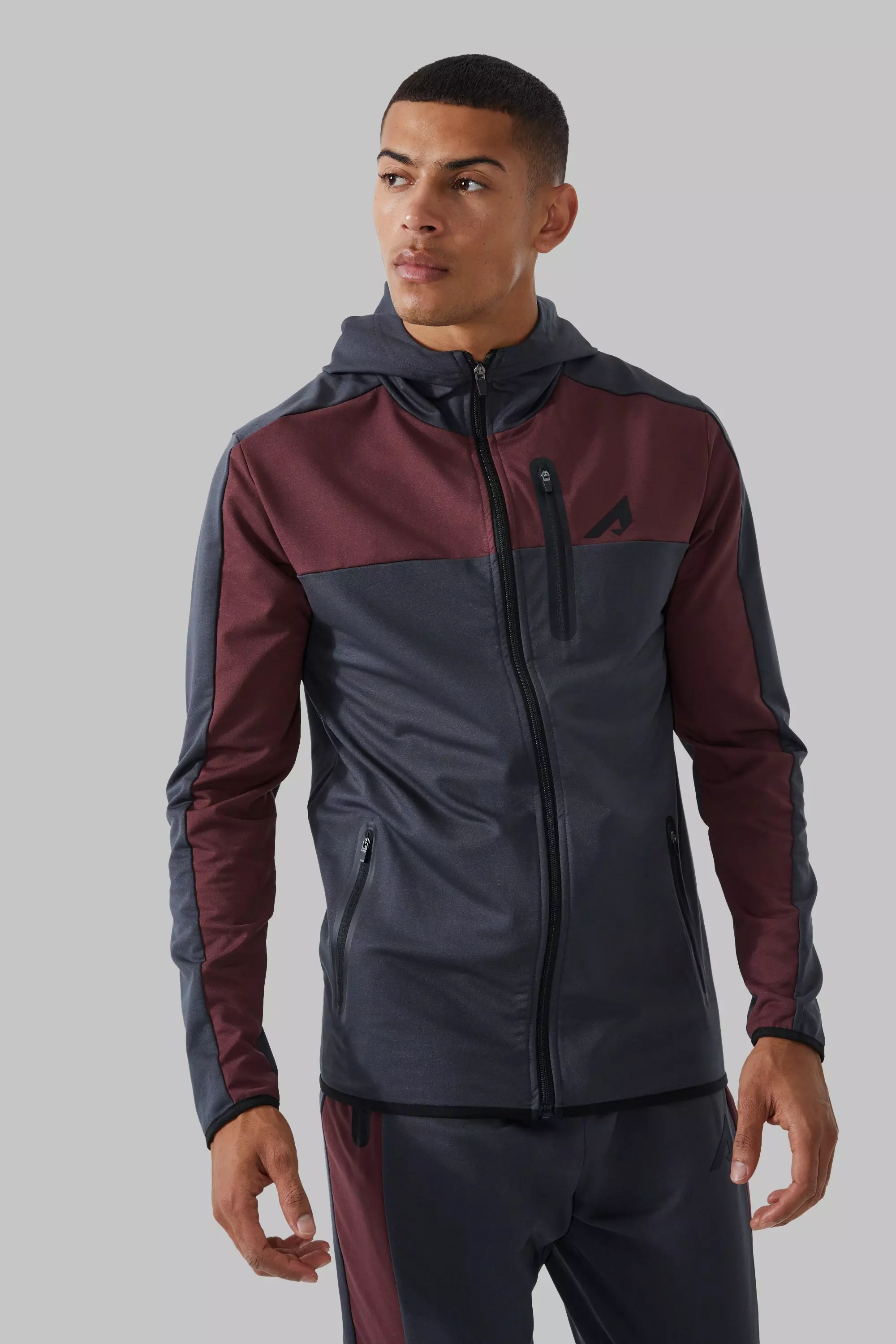 Active Zip Through Colour Block Funnel Slim Fit Hoodie Maroon