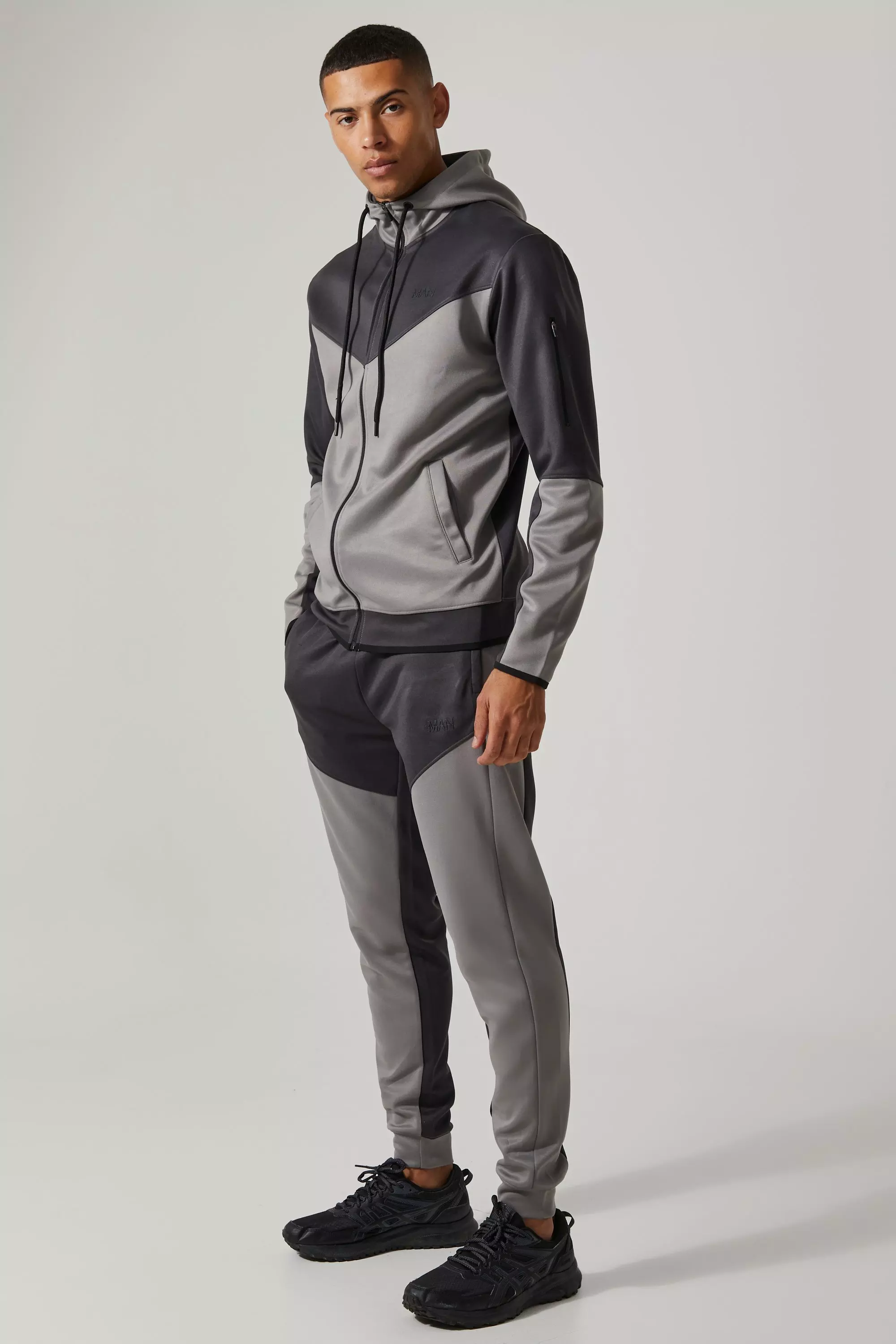 Active Colour Block Funnel Hooded Tracksuit Charcoal