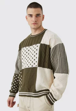 Tall Oversized Boxy Cable Checkerboard Sweater Khaki