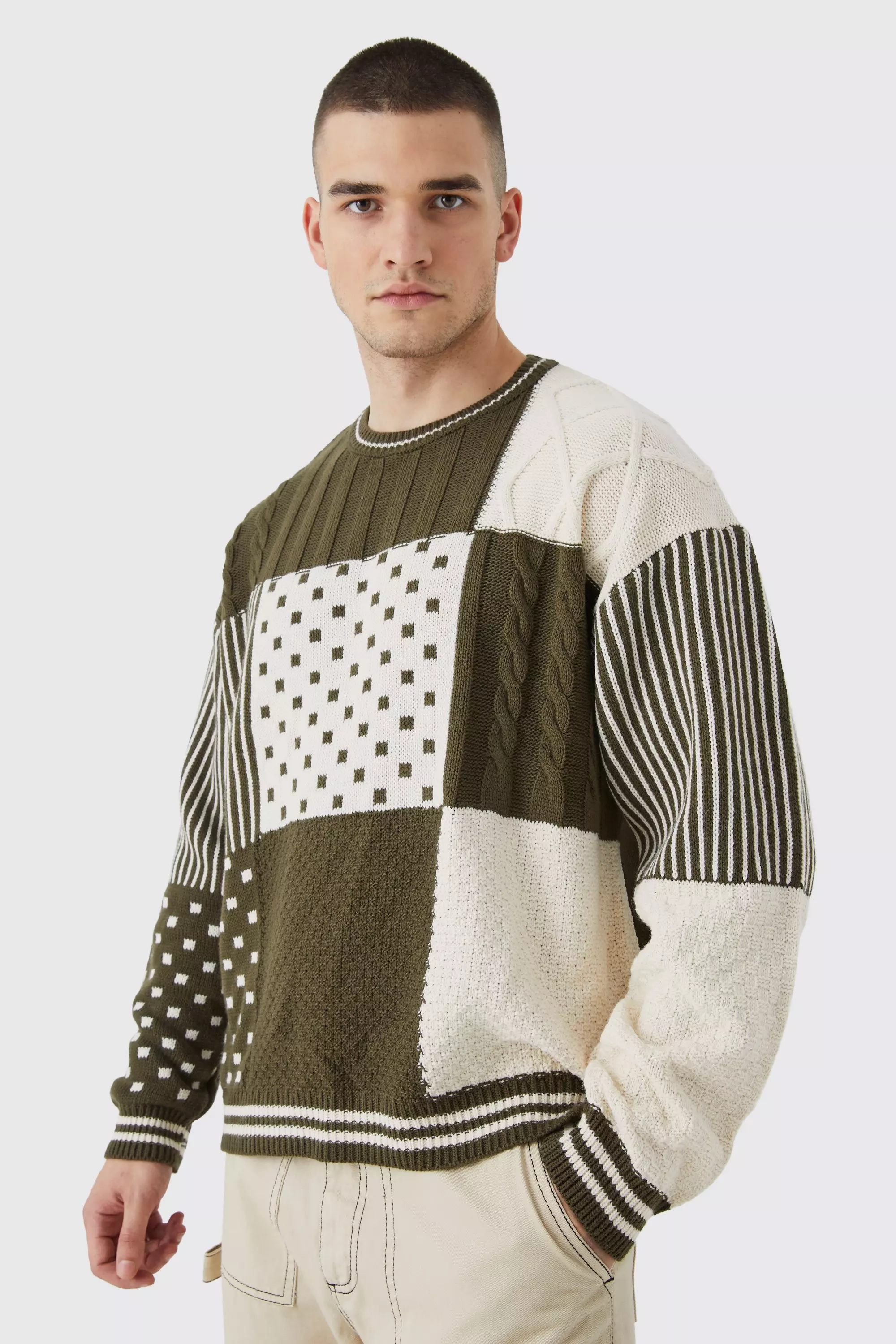 Khaki Tall Oversized Boxy Cable Checkerboard Sweater