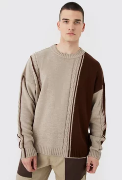 Tall Oversized Boxy Cable Colour Block Sweater Brown