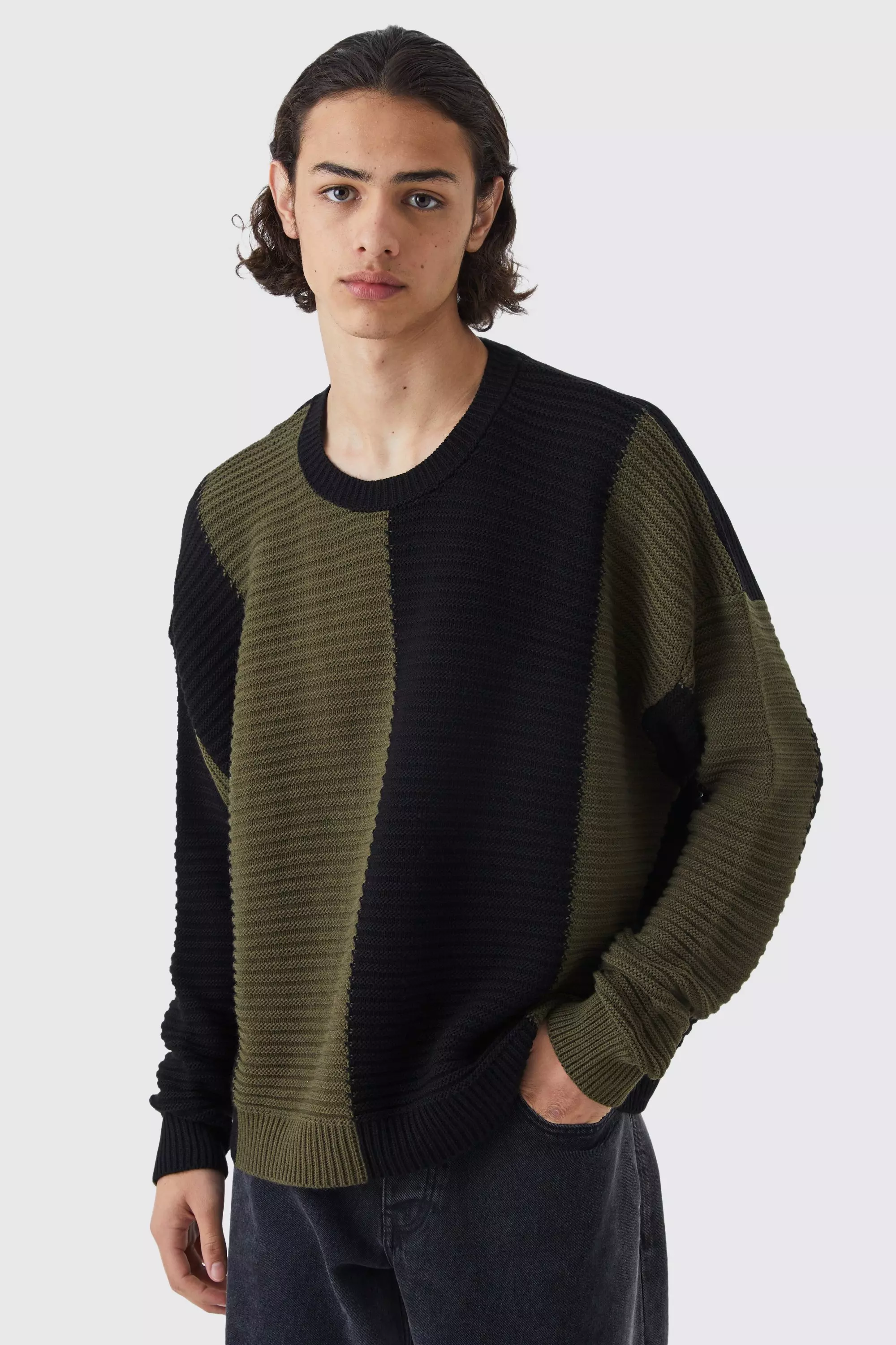 Tall Oversized Pleated Colour Block Sweater Khaki