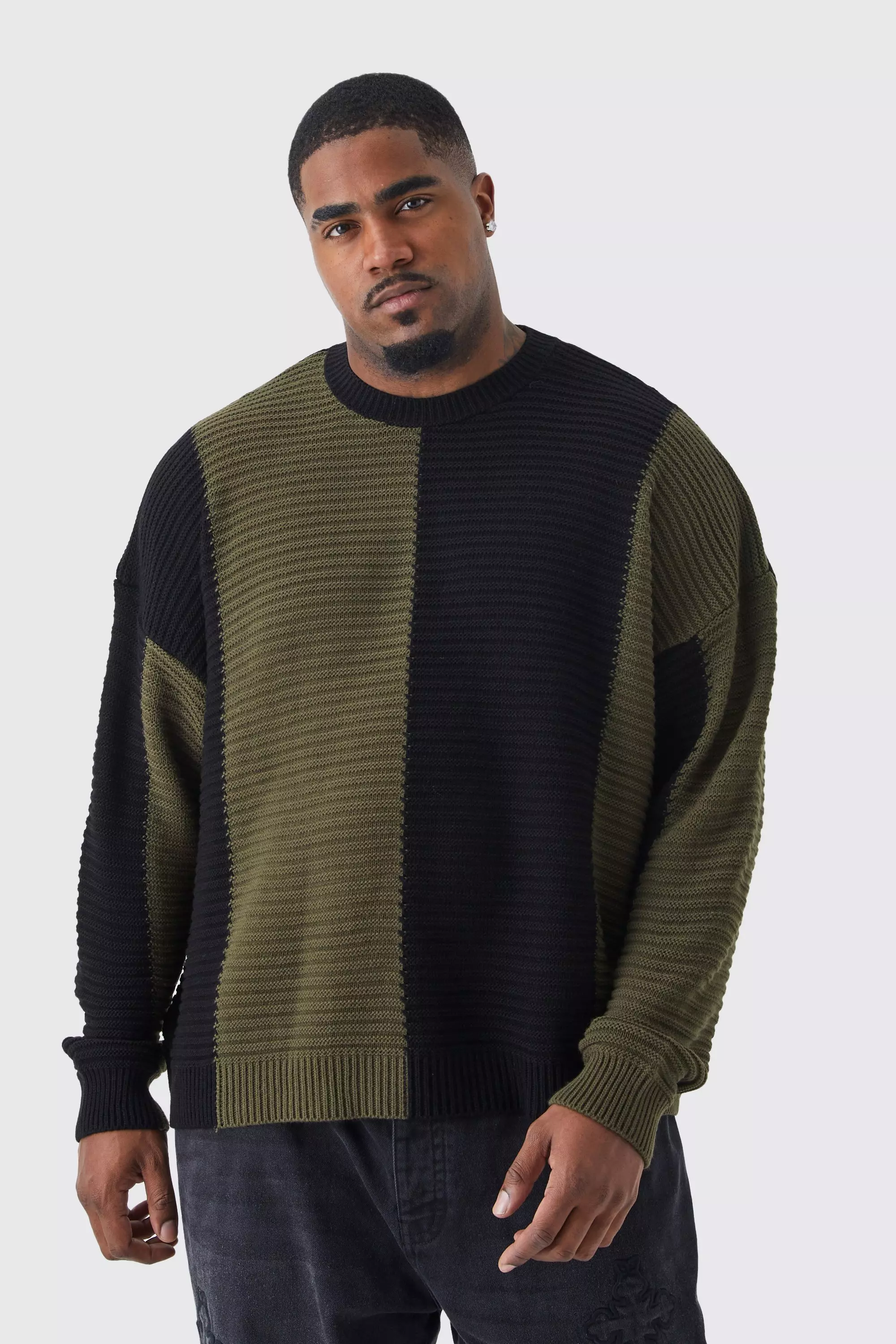 Plus Oversized Pleated Colour Block Sweater Khaki