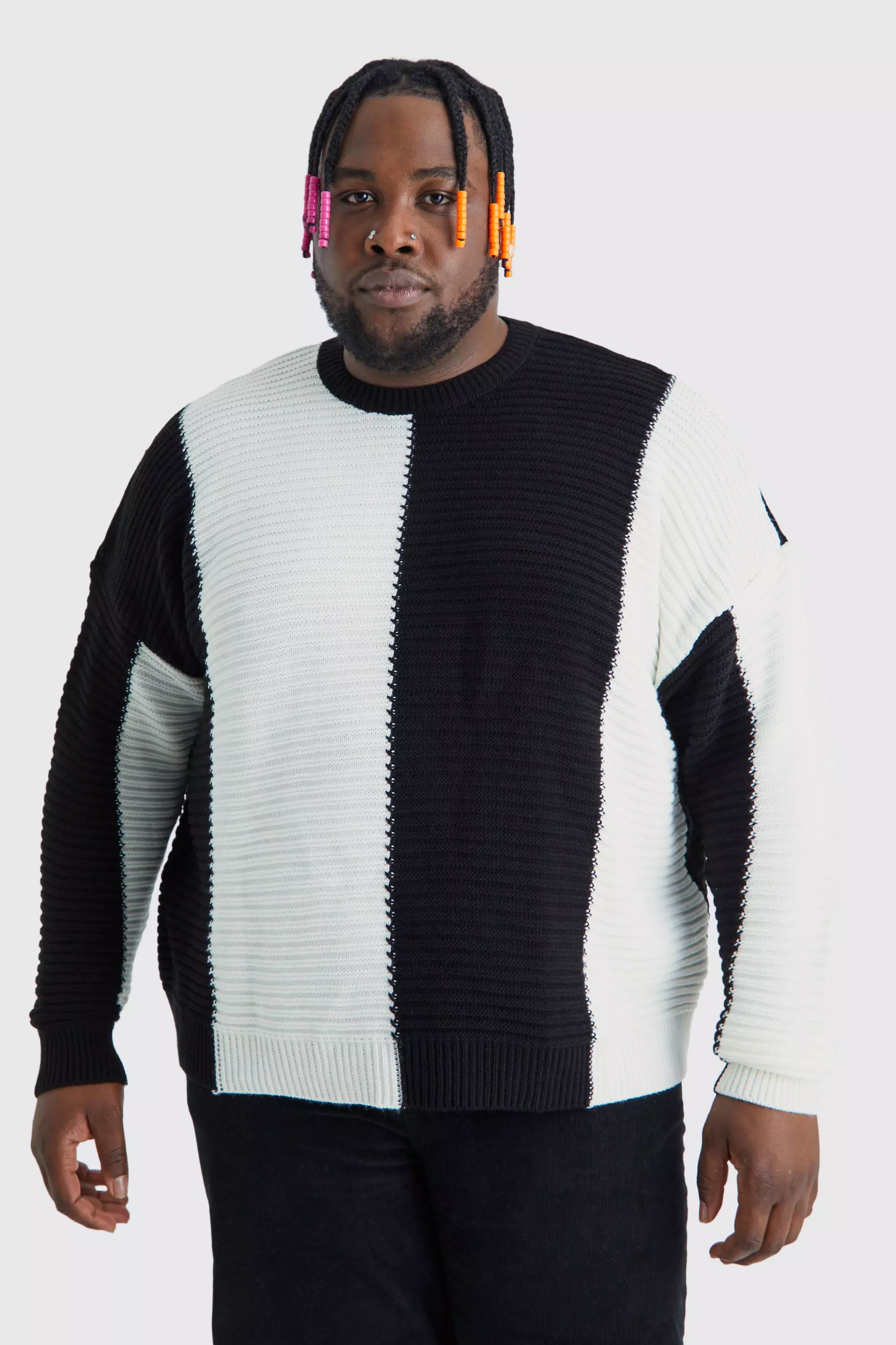 Plus Oversized Pleated Colour Block Sweater Black