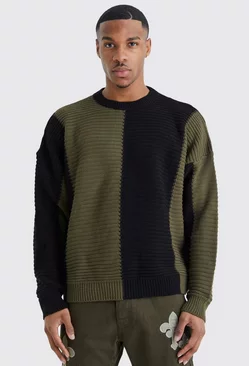 Oversized Pleated Colour Block Sweater Khaki