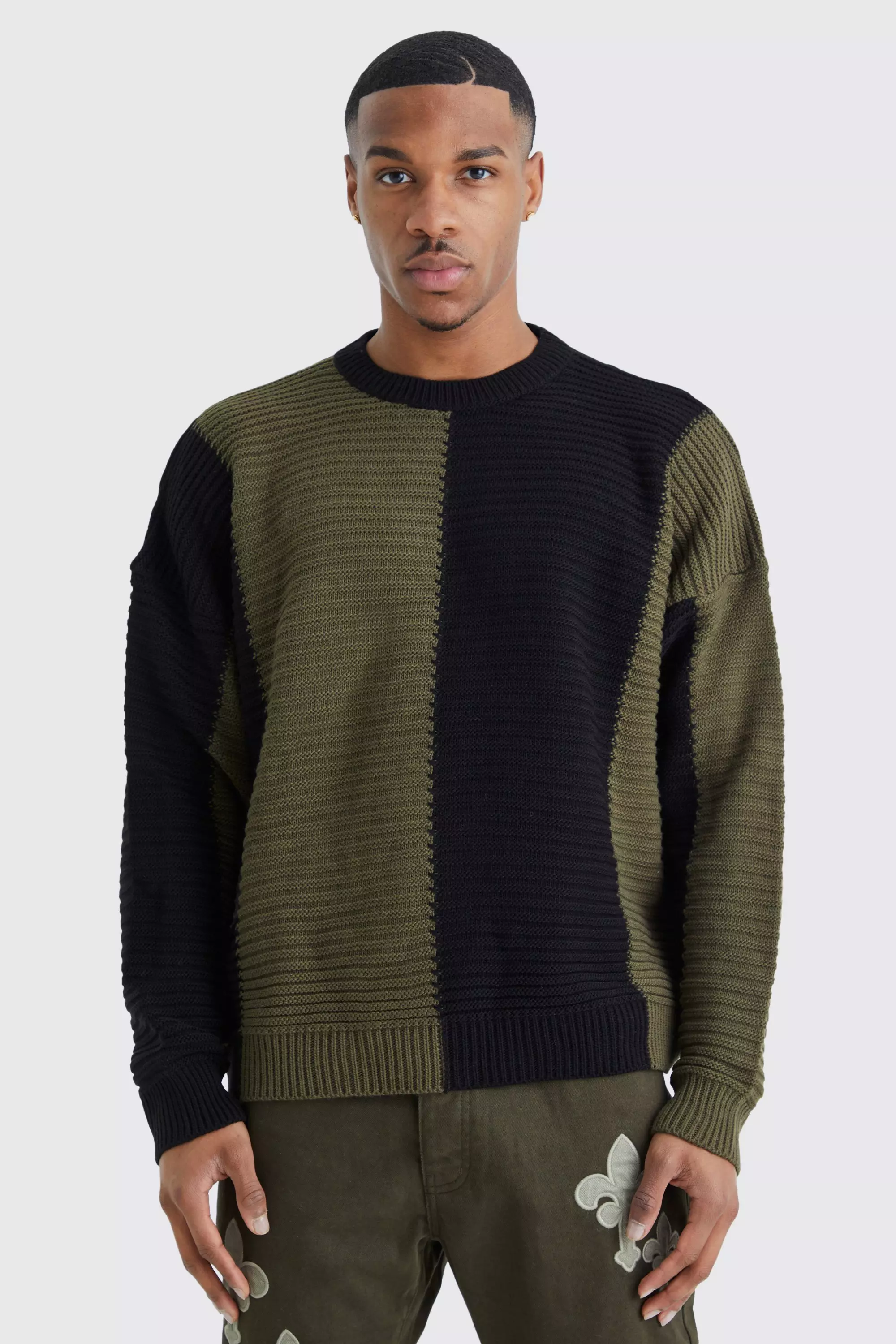 Khaki Oversized Pleated Colour Block Sweater