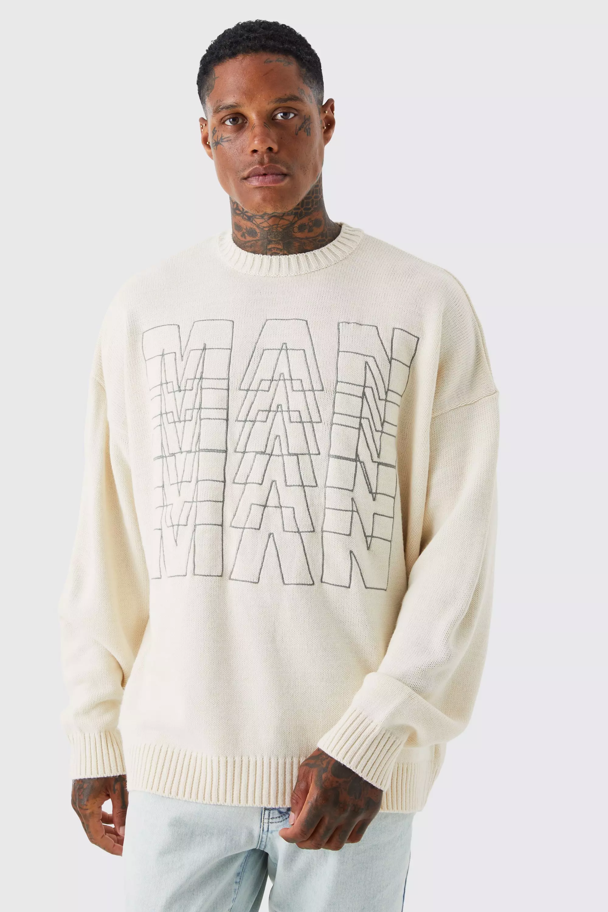 Oversized Man Line Graphic Knitted Jumper boohooMAN