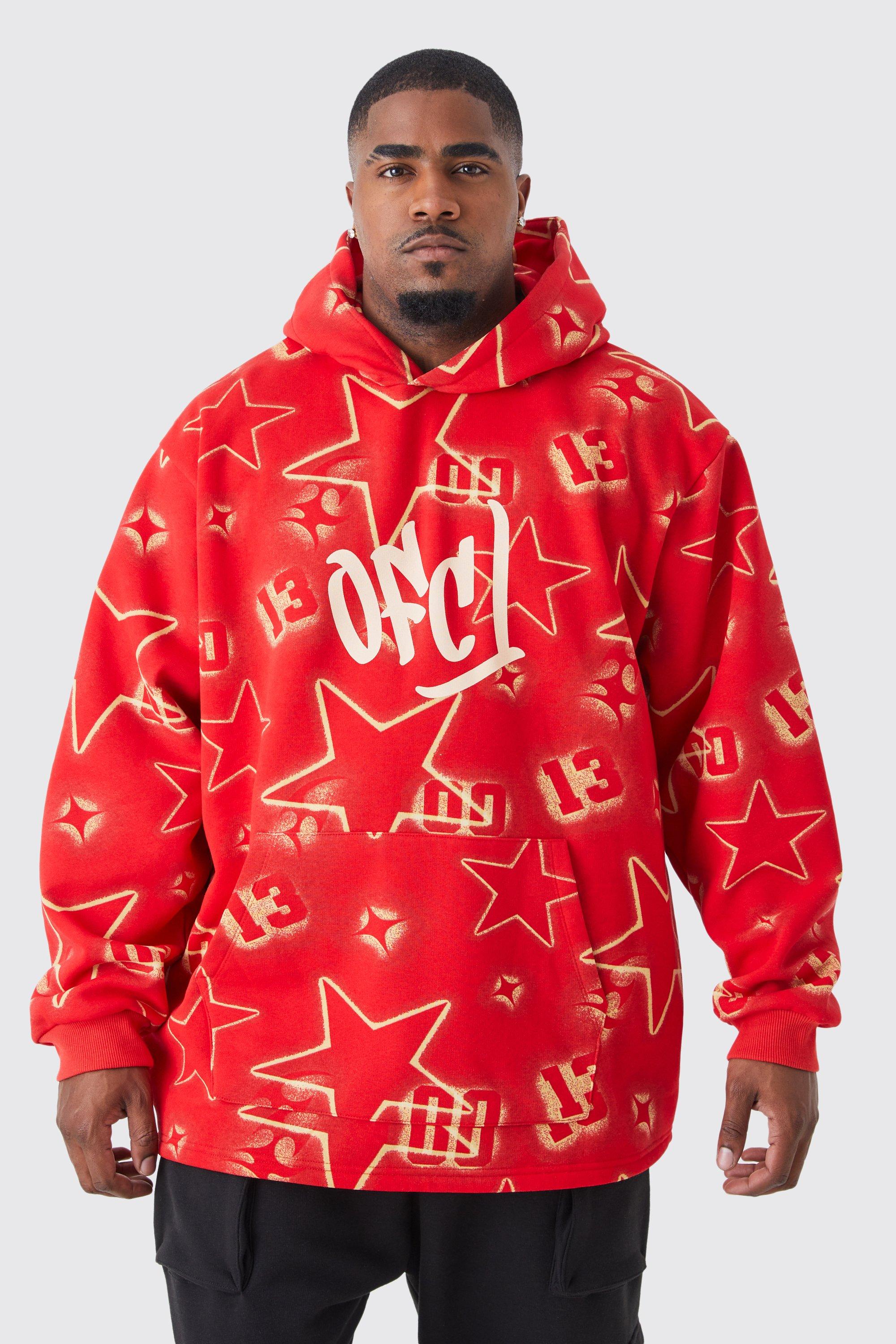 Mens Plus Oversized All Over Graffiti Ear Hoodie - Red - Big & Tall