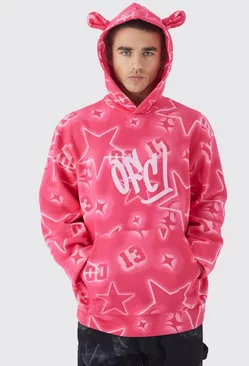 Oversized All Over Graffiti Ear Hoodie bright pink
