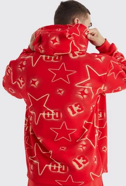Oversized All Over Graffiti Ear Hoodie Red