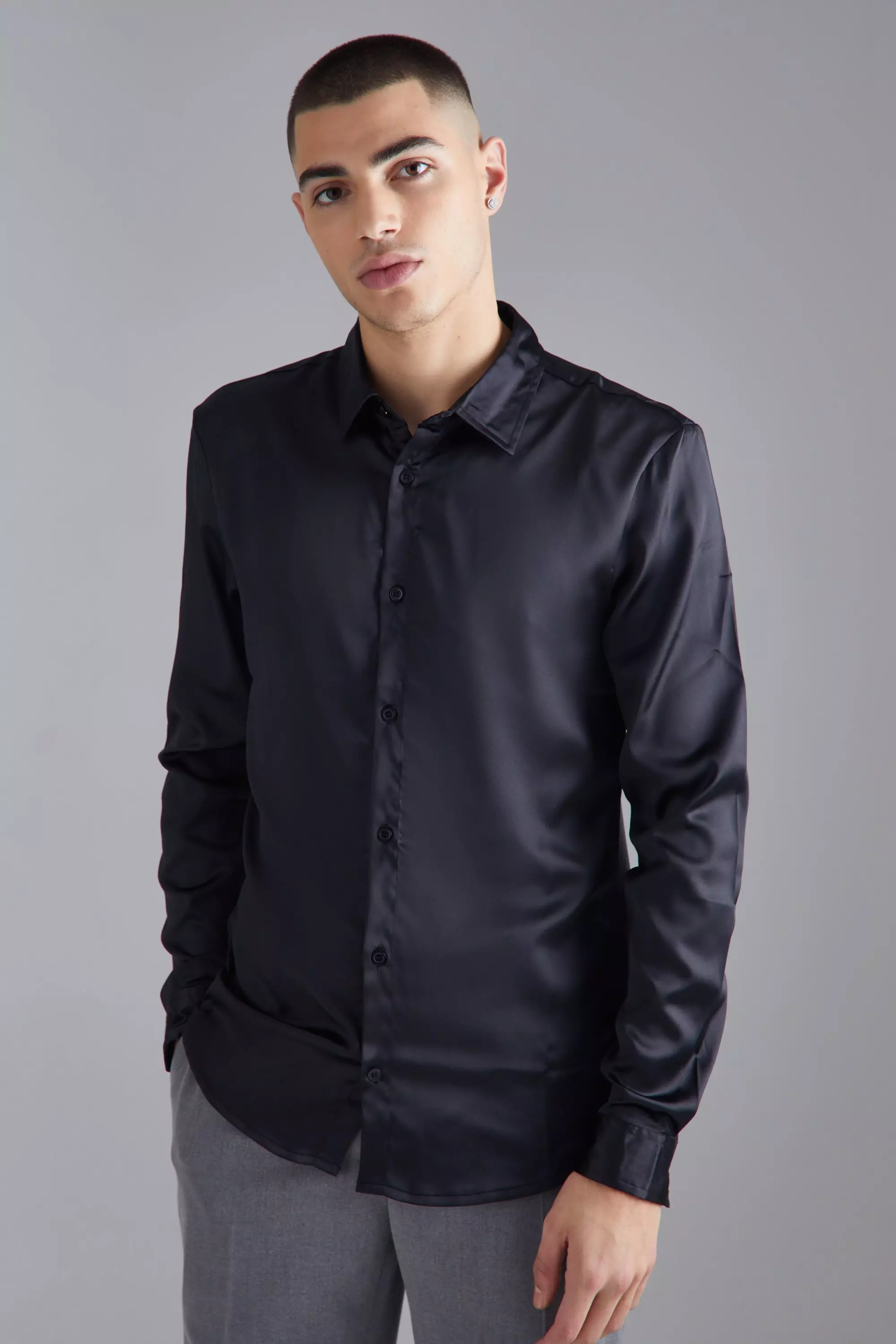 Black Long Sleeve Satin Slim Fit Shirt